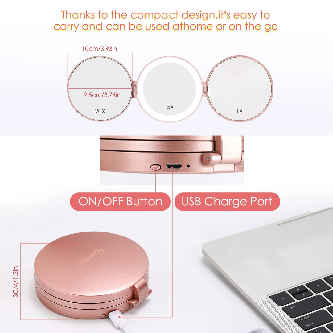 Magnifying Mirror with Light, Hand Mirror Travel Makeup Mirror with 3 Side 20X 5X 1X Magnification, Travel Magnifying Mirror for Pocket