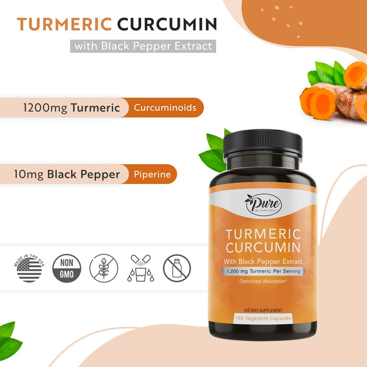 Turmeric Curcumin with Black Pepper Extract 10 mg Capsules, 1200 mg per Serving, Organic, High Absorption Antioxidant Support (180 Count)