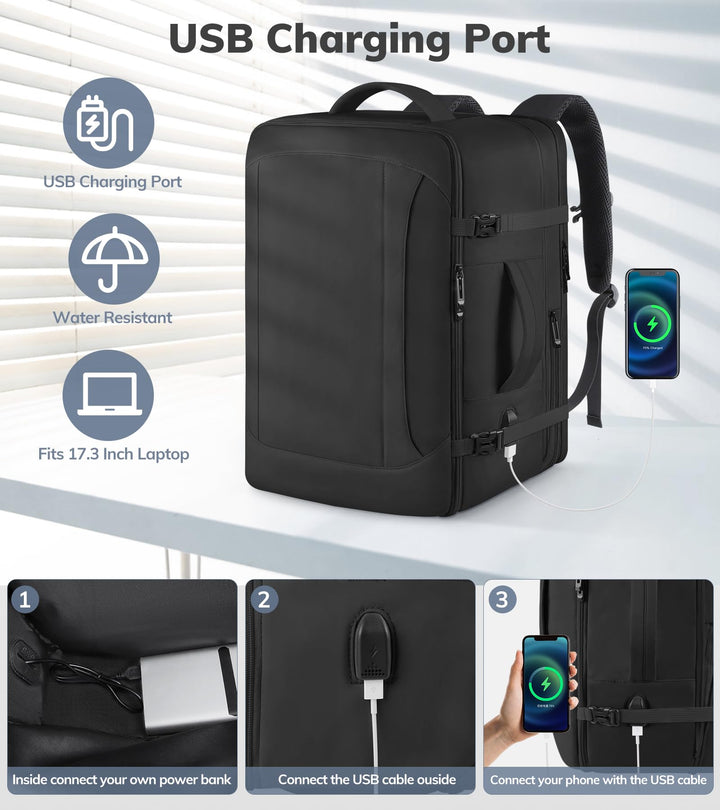 Travel Backpack, Extra Large Backpack, Carry On Backpack, 45L Expandable Airline Approved Water Resistant Suitcase Luggage Big Bag with USB Port Fits 17 Inch Laptops, Travel Gifts for Men, Black