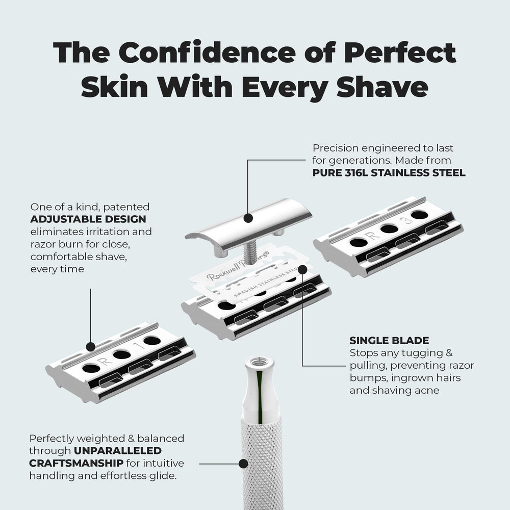 6S Stainless Steel Double-Edge Safety Razor with 6 Adjustable Shave Settings and 5 Blades, 8 Piece Set, Silver