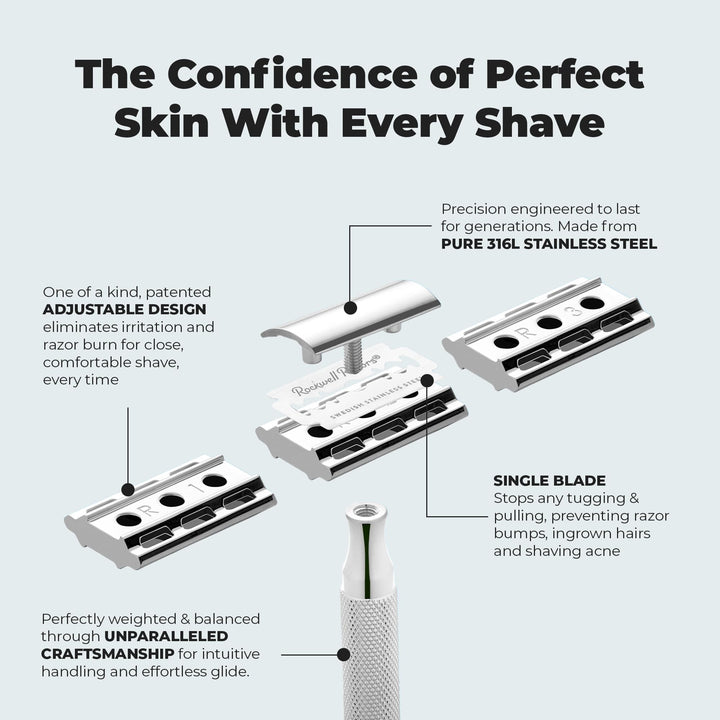 6S Stainless Steel Double-Edge Safety Razor with 6 Adjustable Shave Settings and 5 Blades, 8 Piece Set, Silver