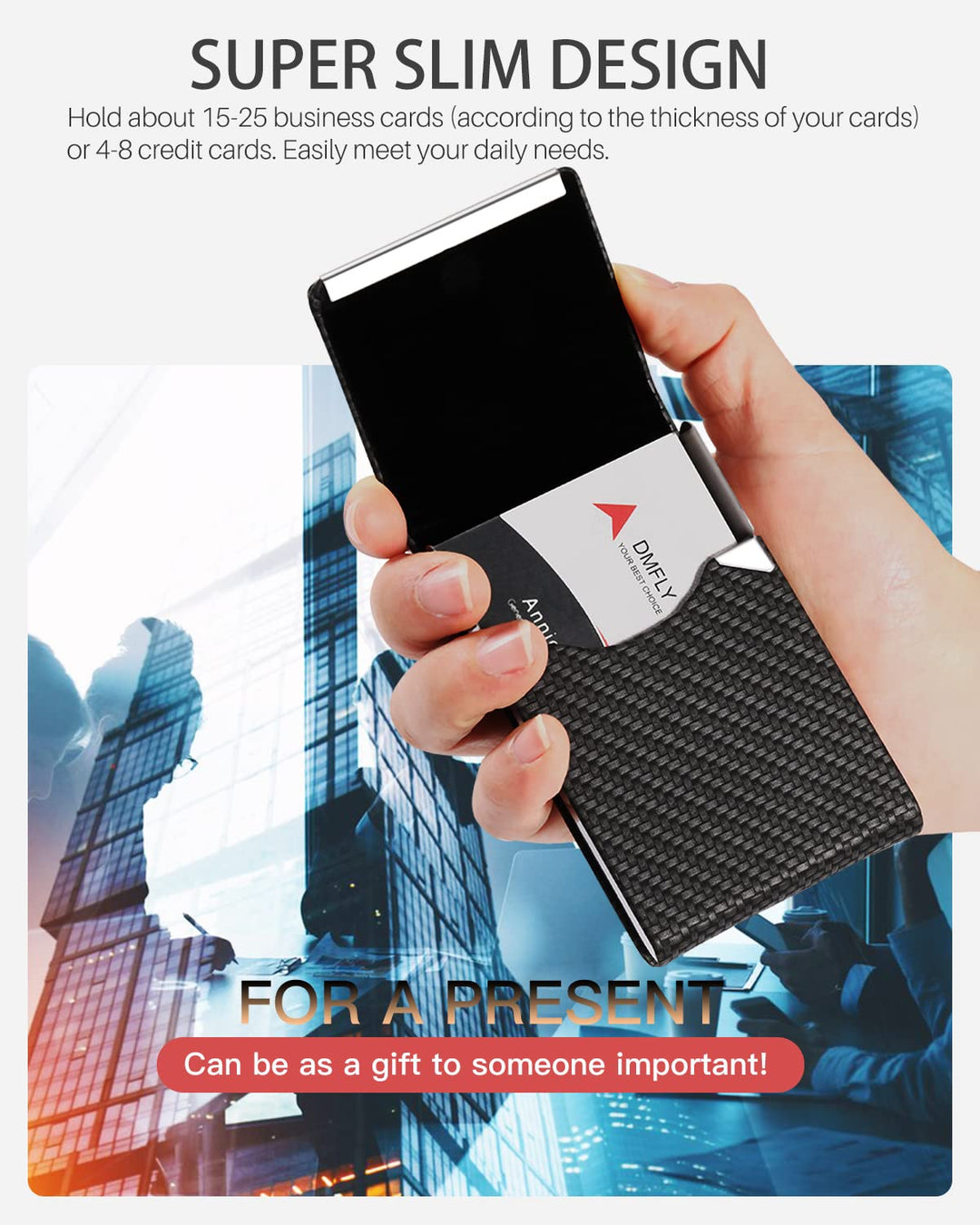 Business Card Holder, Metal Case Pocket, Holder for Women & Men, Professional PU Leather Holders RFID Blocking Name with Magnetic Clasp, Black Carbon