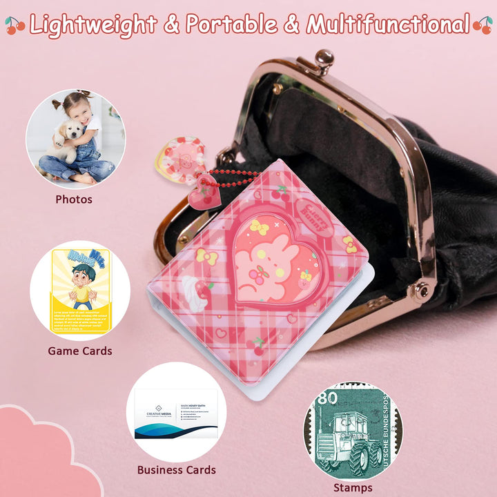 3 Inch Mini Photo Album, Kpop Photocard Holder Book 40 Pockets With Heart Cherry Pendant and Rabbit Card, Love Heart Hollow Out Photocard Binder For Collecting Picture(Red)