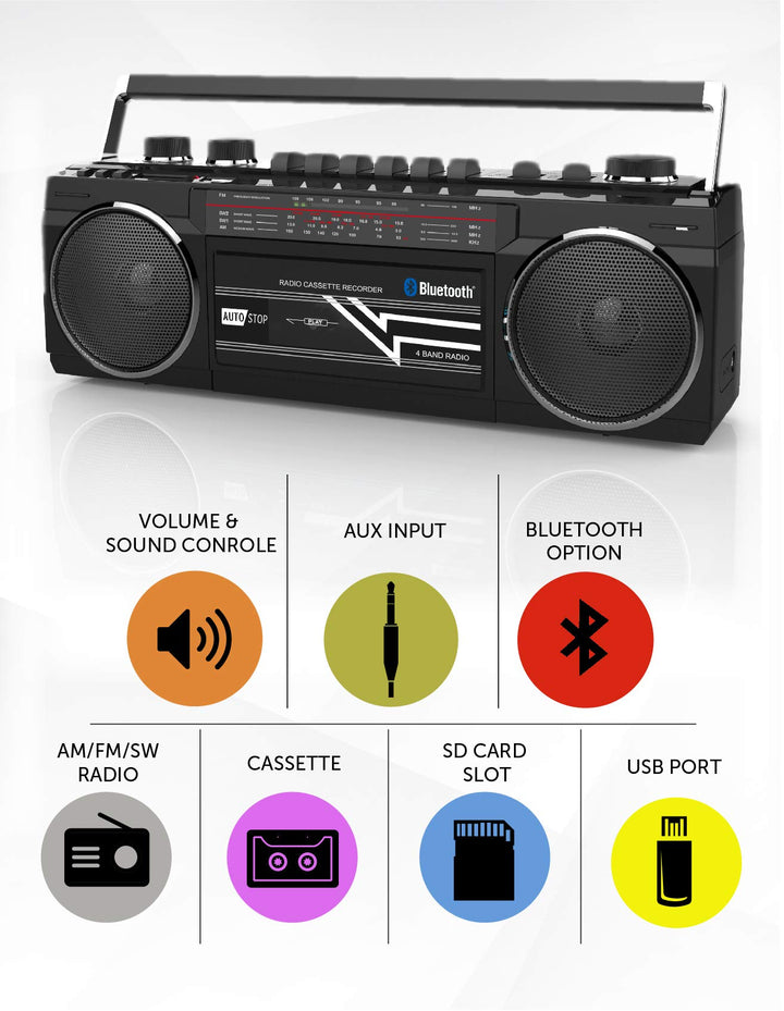 Cassette Boombox, Retro Blueooth Boombox, Cassette Player and Recorder, AM/FM/SW-1-SW2 Radio-4-Band Radio, USB, SD, Silver