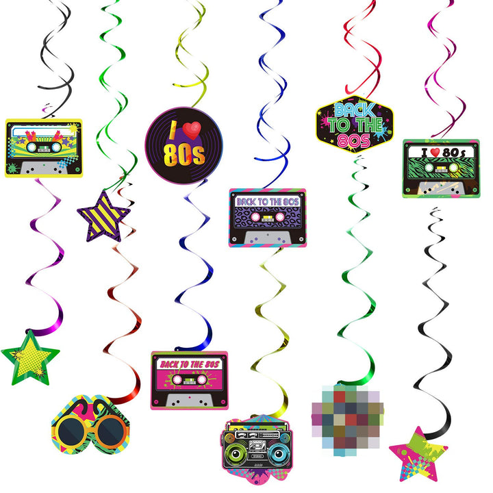 30 Pieces 80s Party Decorations, 80's Retro 1980s Party Hanging Swirls Ceiling Decorations Foil Double Spiral 80's Hip Hop Sign Hanging Swirls Decorations for Back to The 80's Party Theme Supplies