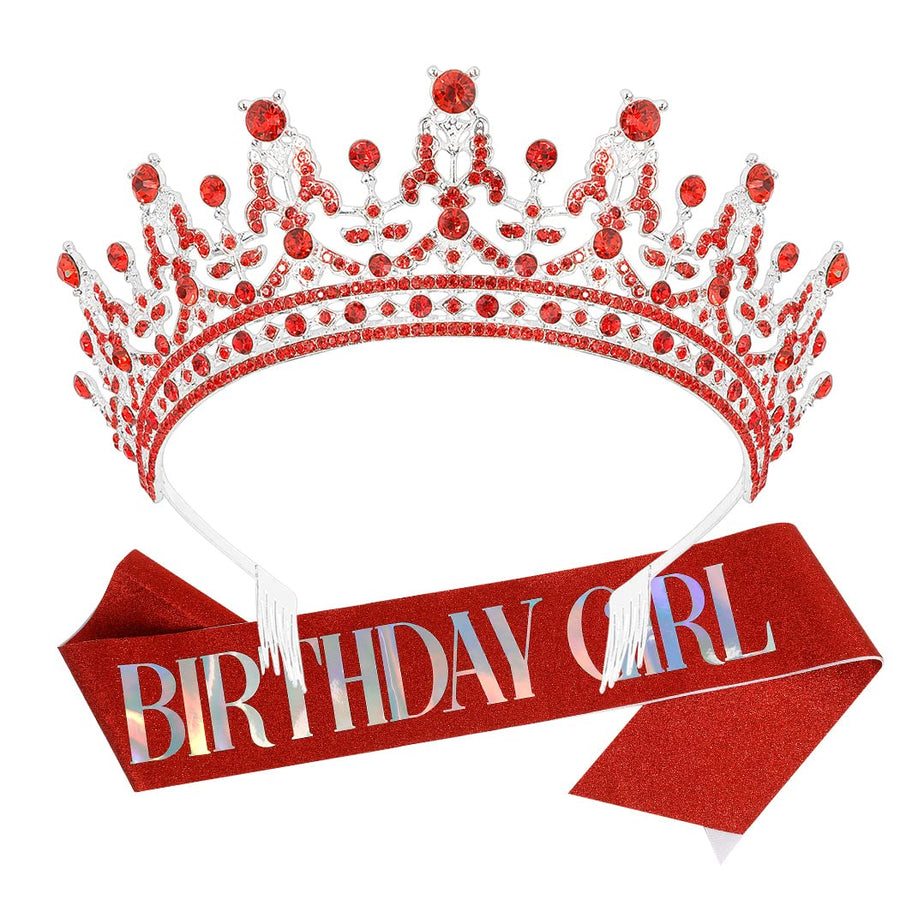 Birthday Girl Sash for Women Guardian Soldiers Birthday Crown for Women Birthday Tiara for Women Birthday Girl Headband Princess Crown Rhinestone Happy Birthday Accessories Red
