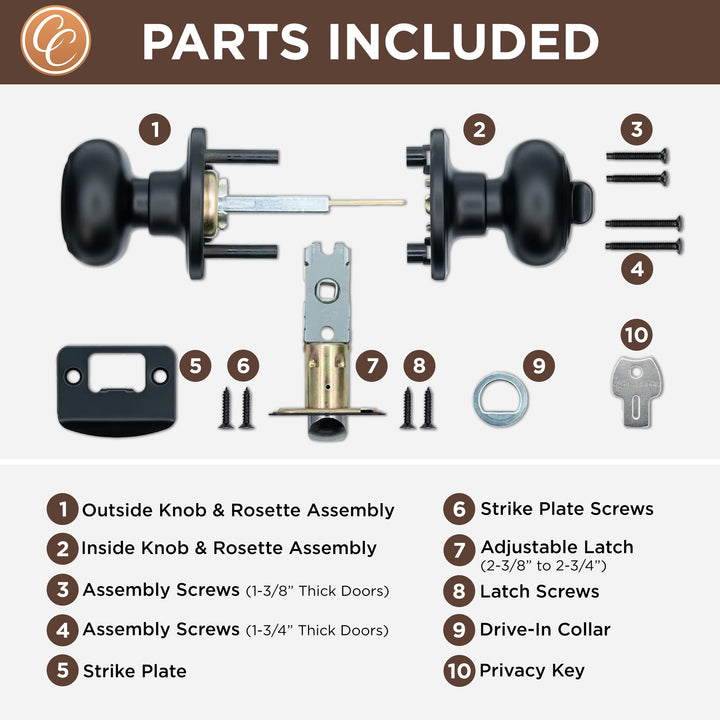 Matte Black Door Knobs - Round Colonial Knob with Privacy Locking Function for Home Improvement, 1 Pack - Fits All Standard Doors - Locking Door Knob for Bedroom and Bathroom Use