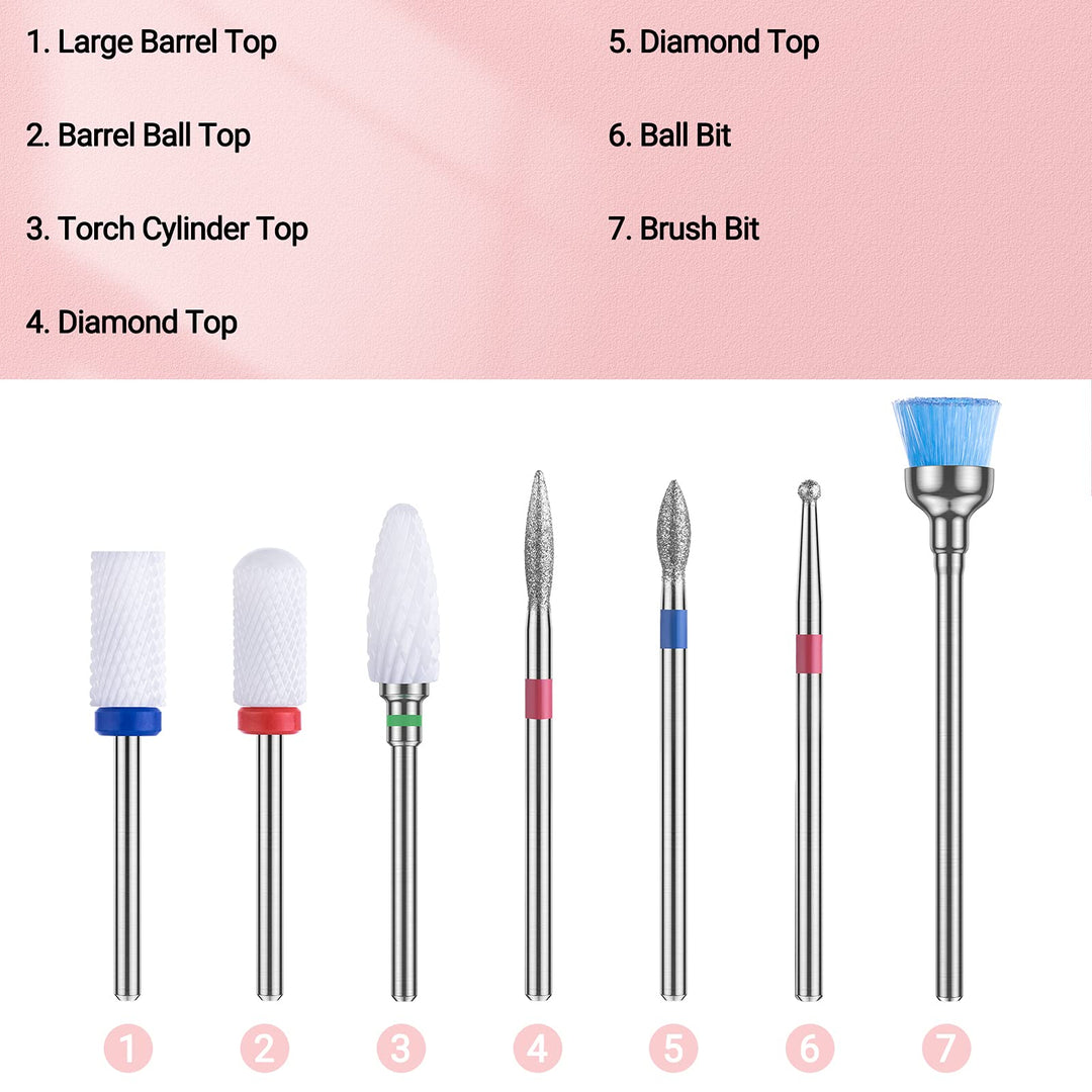 Nail Drill Bits Set, 7Pcs Professional Ceramic Acrylic Nail File Drill Bit for Manicure Pedicure Cuticle Gel Nail Polishing