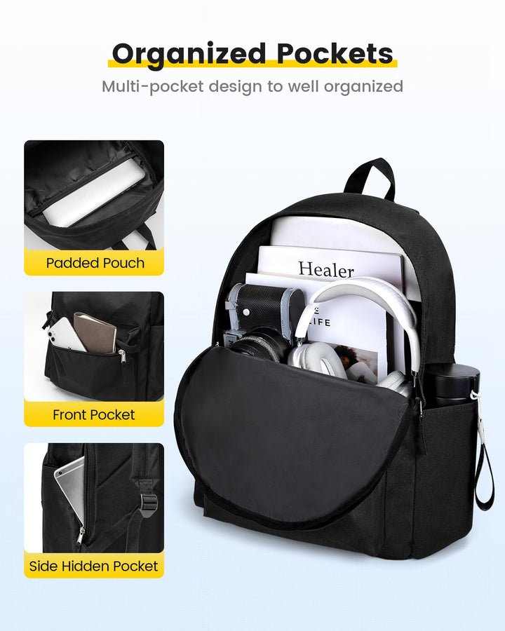 Backpack for Men and Women - Basic Bookbag Casual Daypack Backpacks Lightweight Backpack for College Work Travel - Black