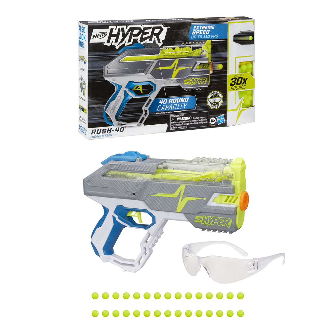 Hyper Rush-40 Pump-Action Blaster, 30 Hyper Rounds, Eyewear, Up to 110 FPS Velocity, Easy Reload, Holds Up to 40 Rounds