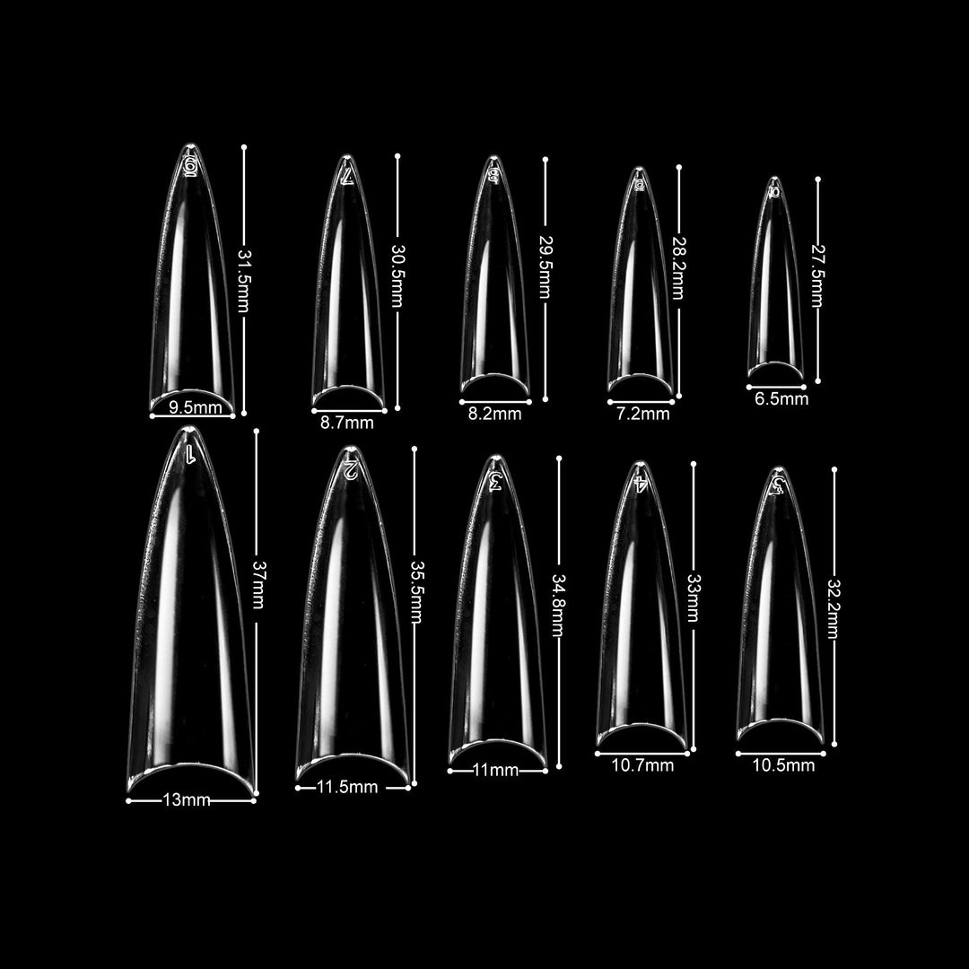 BE.YOU Beyou Clear Long Stiletto 500Pcs Artificial Fake Nail Tips, 10 Sizes 28512 For Nail Salon