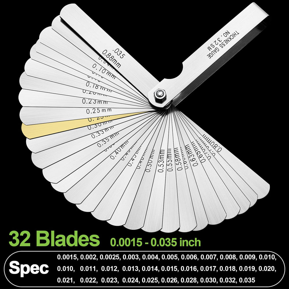 32 Blades Feeler Gauges 0.0015-0.035'' (0.04-0.88 mm) Stainless Steel Feeler Gauge Set SAE/Metric Feeler Gauge for Measuring Gap Width and Thickness for Guitar, Spark Plug, Piston Measure