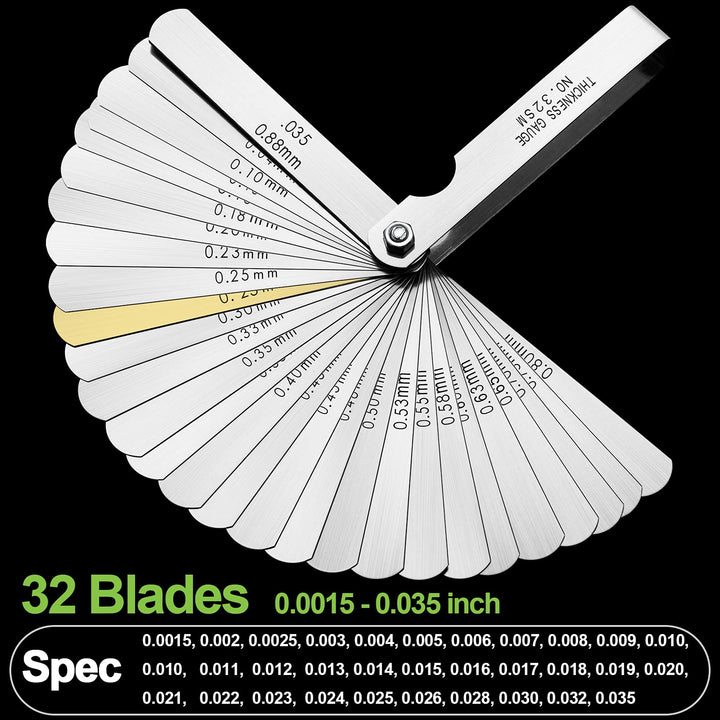 32 Blades Feeler Gauges 0.0015-0.035'' (0.04-0.88 mm) Stainless Steel Feeler Gauge Set SAE/Metric Feeler Gauge for Measuring Gap Width and Thickness for Guitar, Spark Plug, Piston Measure