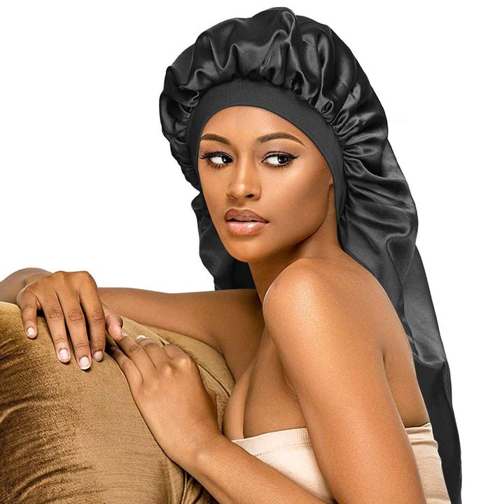 Long Satin Bonnet Sleep Cap,Black Extra Large Silk Bonnet for Natural Hair, Bonnets for Women Night Sleep,Wide Elastic Band, Very Soft & Comfortable (Leopard Print)