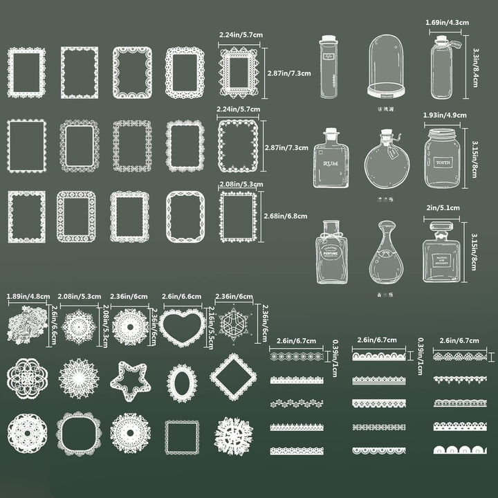 DREMISI 180Pcs Transparent Aesthetics Sticker Glassware Bottle Shape Stickers Lace Stickers PET Transparent Photo Frame Aesthetics Stickers for Scrapbook Journal Planner Diary Notebook Album, 6 Packs