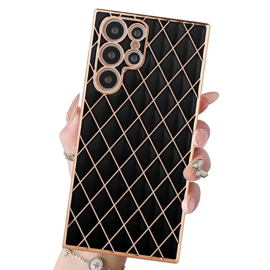 Compatible with Galaxy S22 Ultra Case,Luxury Plating Lattice Design with Slim Soft Back TPU Bumper,Camera Lens Protection Phone Case Cover for Samsung Galaxy S22 Ultra-Black