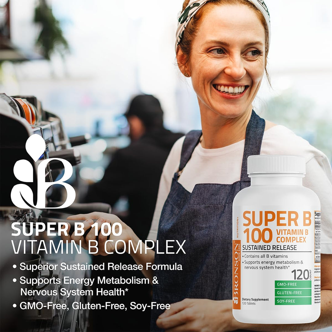 Super B 100 Vitamin B Complex Sustained Release Contains All B Vitamins (Vitamin B1, B2, B3, B6, B9 - Folic Acid, B12) Supports Energy Metabolism & Nervous System Health, Non-GMO, 250 Tablets