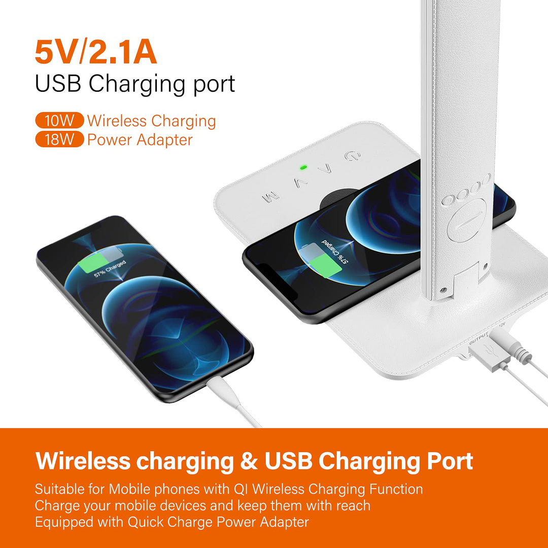 LED Desk Lamp with Wireless Charger, USB Charging Port, Office Table Lamp with Clock, Alarm, Date, Temperature for Home Office, White