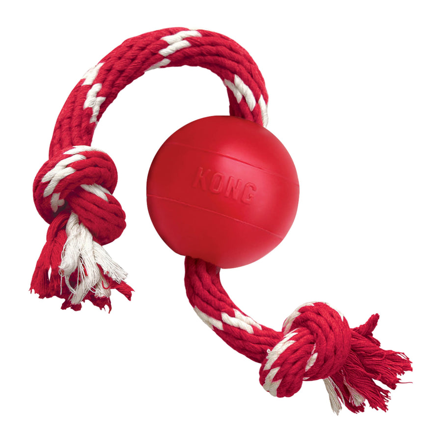 Ball with Rope - Durable Fetch Toy with Rope for Easy Throwing - For Tug, Playtime & More - Natural Rubber - Red - For Small Dogs