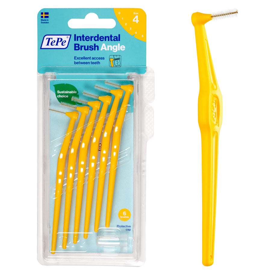 Interdental Brush Angle, Angled Dental Brush for Teeth Cleaning, Pack of 6, 0.7 mm, Medium Gaps, Yellow, Size 4