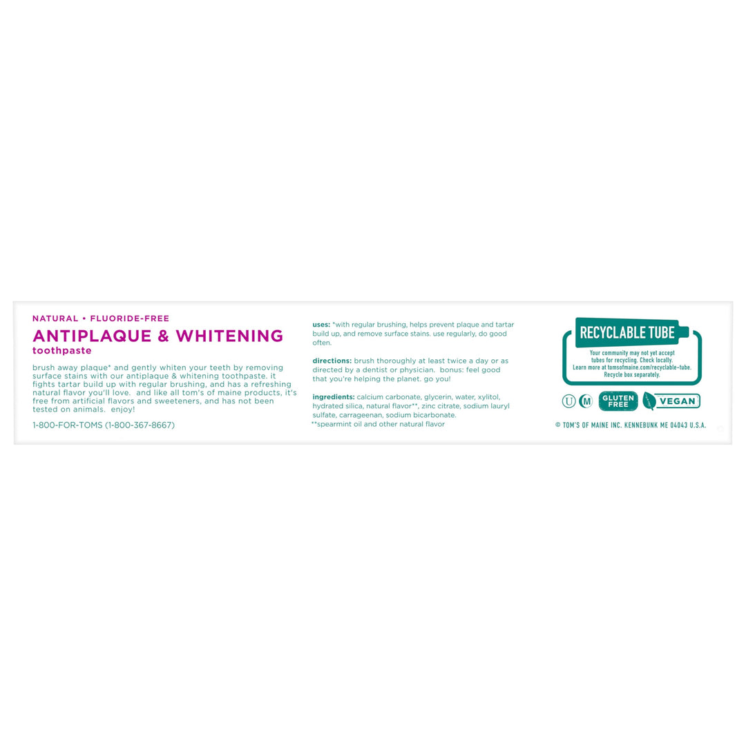 Tom's of Maine Fluoride-Free Antiplaque & Whitening Natural Toothpaste, 5.5 Ounce (Pack of 2) - Packaging May Vary