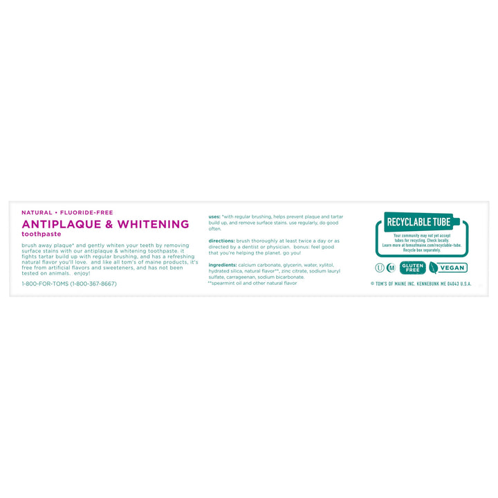 Tom's of Maine Fluoride-Free Antiplaque & Whitening Natural Toothpaste, 5.5 Ounce (Pack of 2) - Packaging May Vary