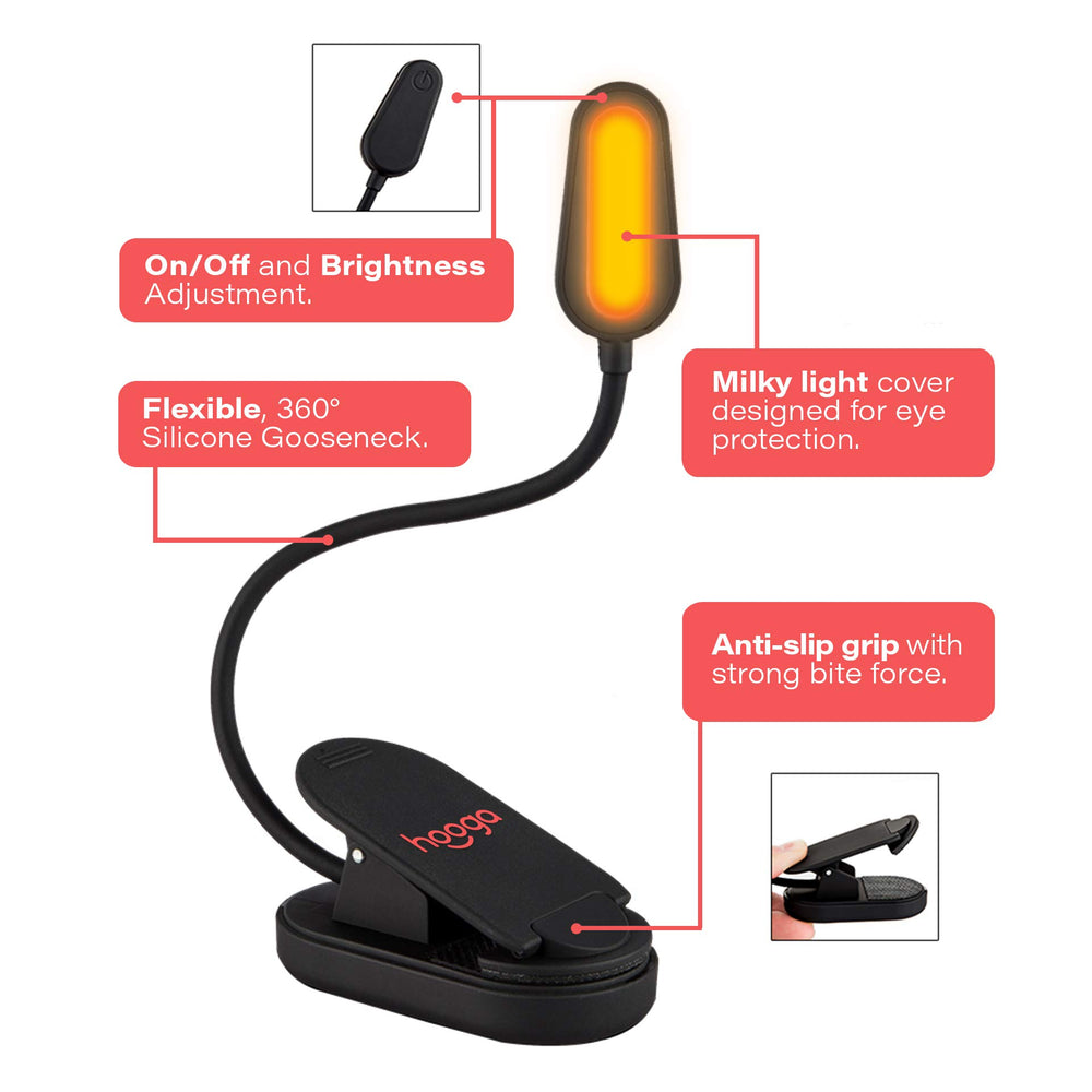 Book Light, Rechargeable Clip On Blue Blocking Amber LED Light for Reading in Bed. 1600K Color. Eye Care Light for Strain-Free, Healthy Eyes. Gift for Students, Kids, Travel, Nursing, Studying.