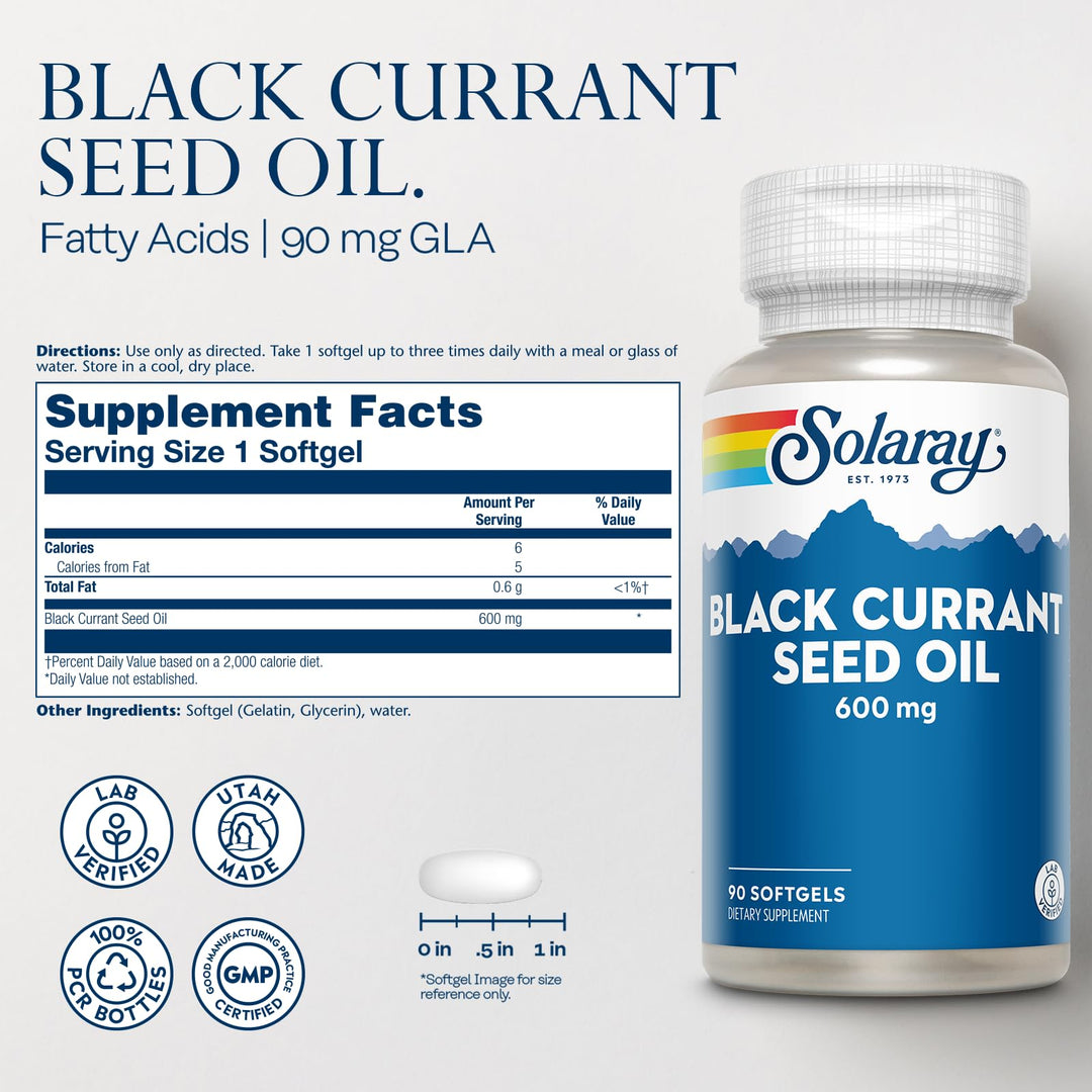 Black Currant Seed Oil 600 mg - Supplying Antioxidants, Gamma Linolenic Acid (GLA), Alpha Linolenic (ALA) and Linoleic Acid (LA) - Skin Health Support - 60-Day Guarantee, 90 Serv, 90 Softgels