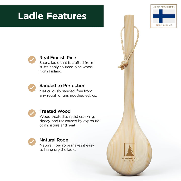 - Sauna Ladle - Handmade from Finnish Pine Wood - Natural Rope - 14 Handle & 3.4 oz (100 mL) Capacity Spoon