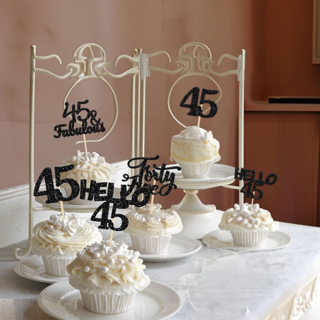 24Pcs Black Glitter 45th Birthday Cupcake Toppers Hello 45 Cake Toppers Forty Five 45 & fabulous Cupcake Picks for 45th Birthday Wedding Anniversary Cake Decorations Supplies