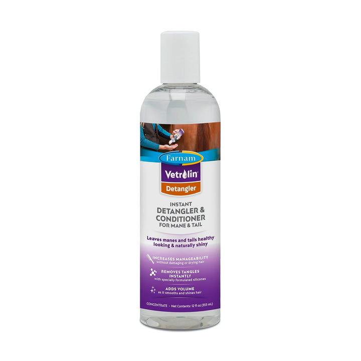 Vetrolin Concentrated Instant Horse Detangler and Conditioner for Mane and Tail, Use on Horses or Dogs, Removes Tangles and Adds Volume, 12 Oz.