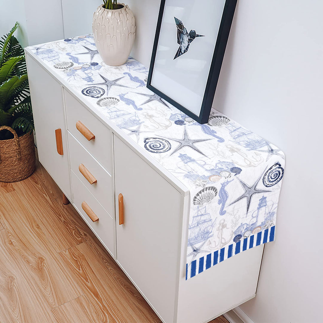 13 x 70 inches Table Runner Cotton-Polyester Blend, Ocean Marine Theme Nautical Sea Animals Retro Blue Table Runner for Table Decorations, Indoor Outdoor Parties, Farmhouse & Family Gathering, 1 Pack
