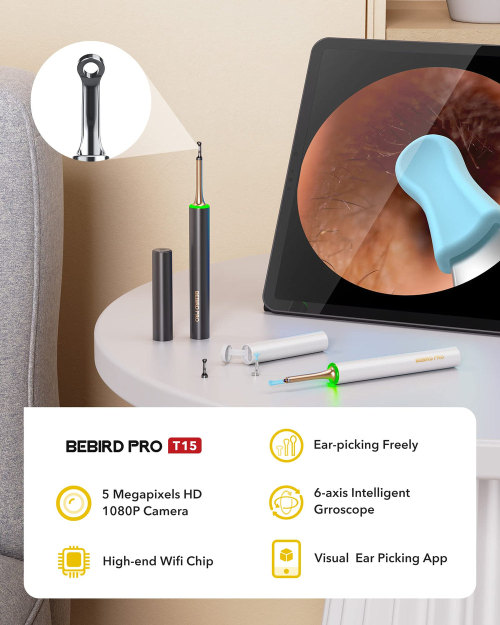 BEBIRDPRO Ear Wax Removal Cleaner with IP67 Camera, Otoscope Ear Cleaning Tool with Premium Storage Box, Earwax Cleaner with HD Camera for iOS, Android Phones T15 PRO Black, with Blackhead Vacuum