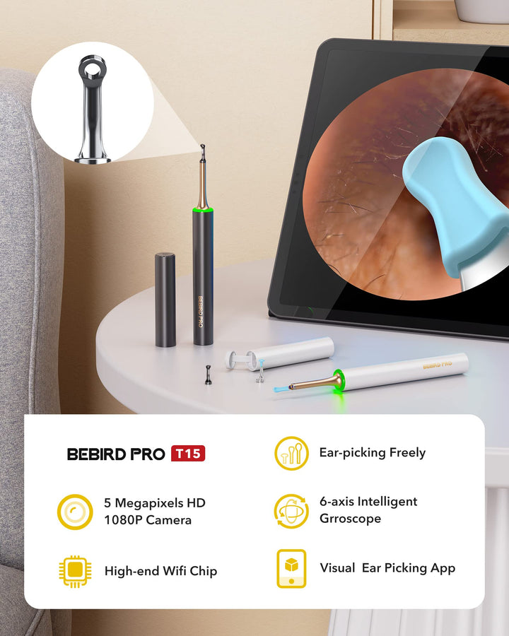 BEBIRDPRO Ear Wax Removal Cleaner with IP67 Camera, Otoscope Ear Cleaning Tool with Premium Storage Box, Earwax Cleaner with HD Camera for iOS, Android Phones T15 PRO Black, with Blackhead Vacuum