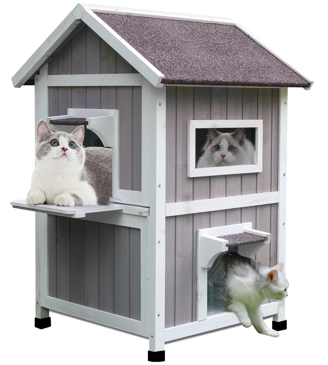 Outdoor Cat House, Large Outdoor Houses for Feral Cats Wooden Outside Cat Shelter Weatherproof with Escape Door