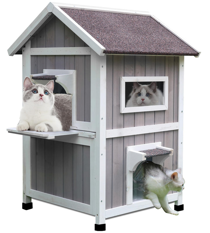 Outdoor Cat House, Large Outdoor Houses for Feral Cats Wooden Outside Cat Shelter Weatherproof with Escape Door