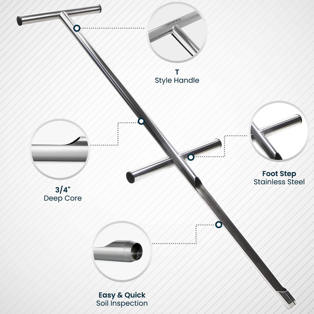 Soil Sampler Probe 36 Stainless Steel Tubular T-Style Handle with Footsteps.