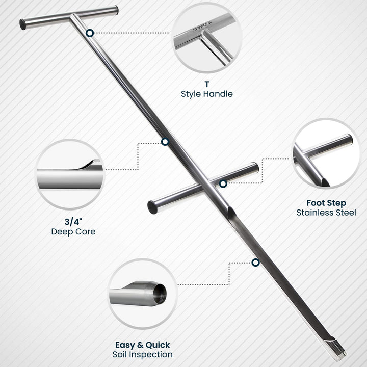 Soil Sampler Probe 36 Stainless Steel Tubular T-Style Handle with Footsteps.