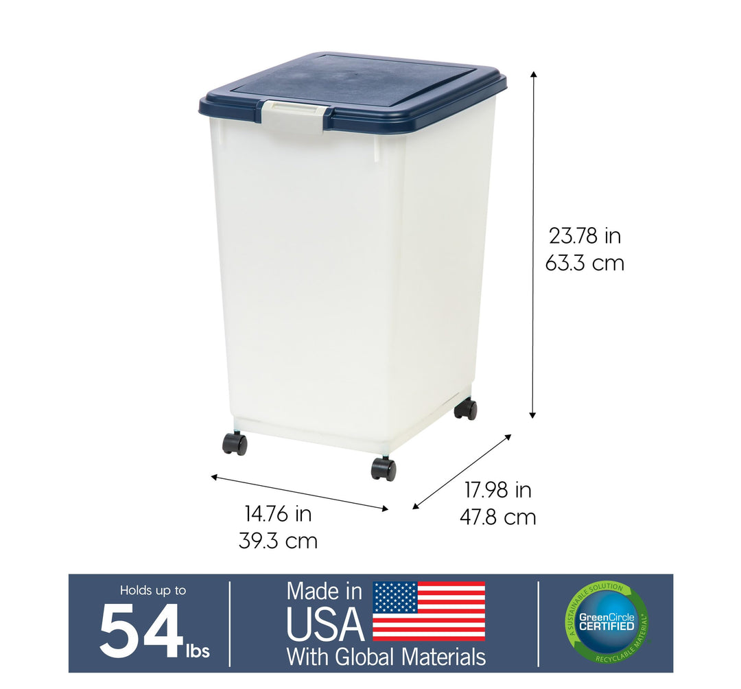 USA Airtight Pet Food Storage Container, Up to 54 lbs, Attachable Wheels, For Dog Cat Bird and Other Pet Food Storage Bin, Keep Fresh, Easy Mobility, BPA Free, Navy/Pearl