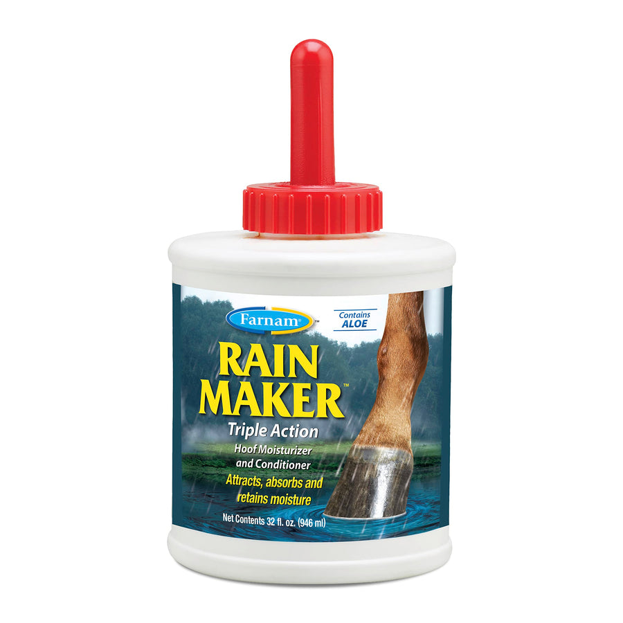Rain Maker Triple Action Hoof Oil for Horses Moisturizer and Conditioner, Attracts, Absorbs and Retains Moisture, Contains Aloe, 32 Oz.