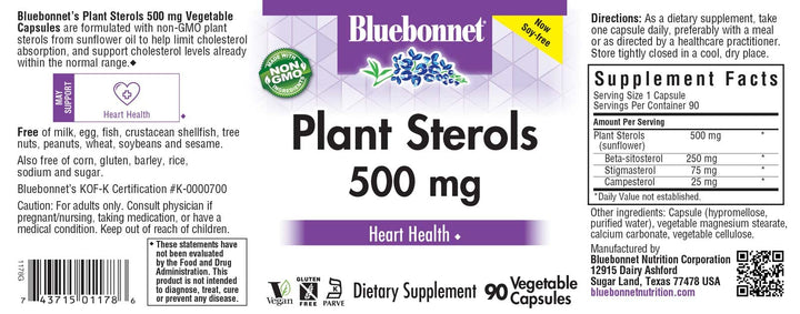 Bluebonnet Nutrition Plant Sterols 500mg Heart Health Supplement for Men & Women* - Non-GMO Beta-Sitosterol from Sunflower Oil - Vegan, Gluten-Free - 90 Vegetable Capsules