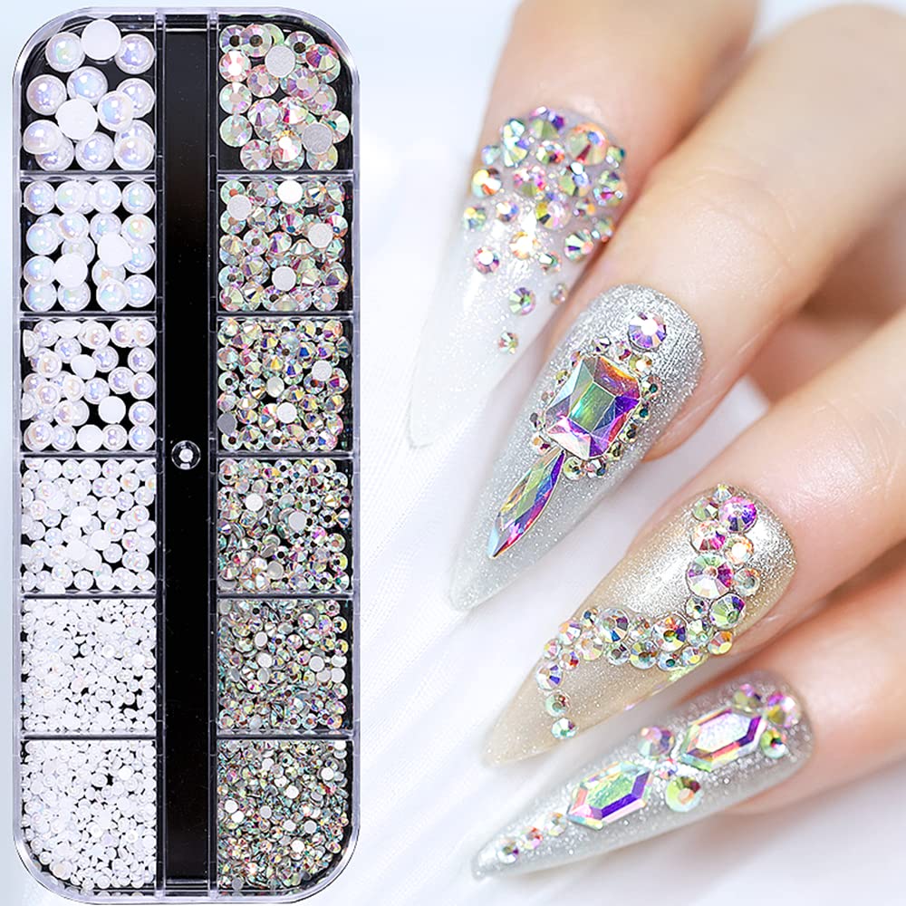 1 Box White AB Nail Pearls and Rhinestones for Nail Art Decoration, Mixed Size Flatback Glass Nail Rhinestones Crystals Gems Acrylic Nail Pearls Nails Accessories Glitter Nail Supplies