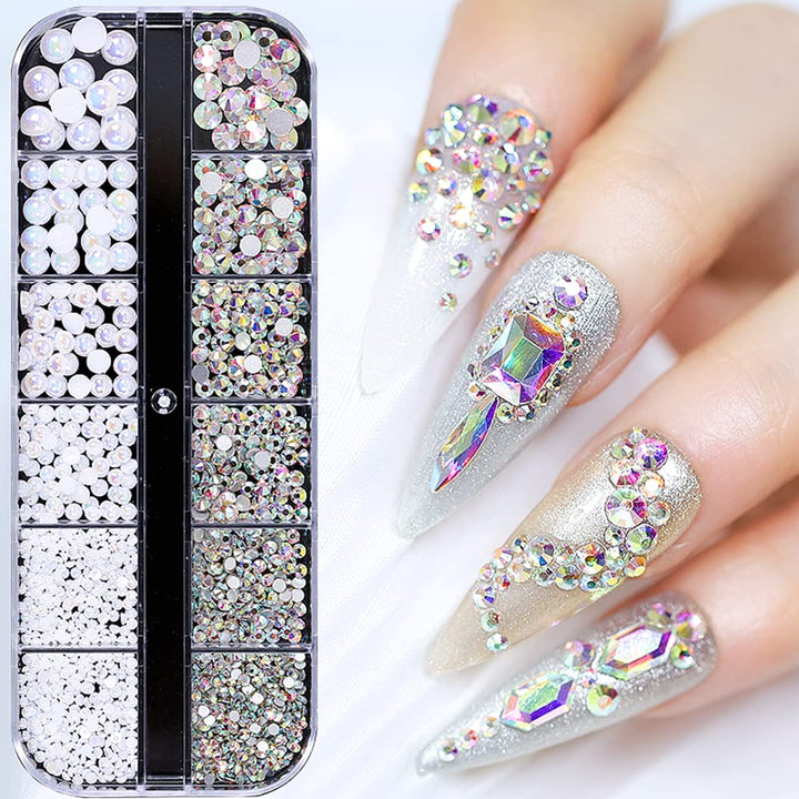 1 Box White AB Nail Pearls and Rhinestones for Nail Art Decoration, Mixed Size Flatback Glass Nail Rhinestones Crystals Gems Acrylic Nail Pearls Nails Accessories Glitter Nail Supplies