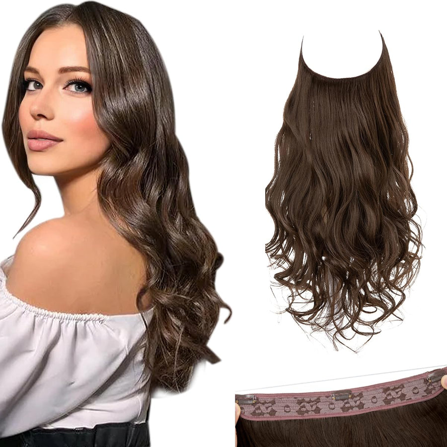 14 16 18 4.3oz Synthetic Wavy Halo Hair Extension Natural Hairpieces No Clip No Glue No Tape M01 (18 wave,#8)