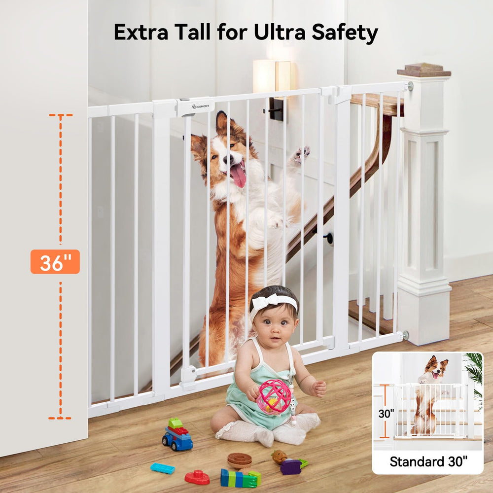 36 Extra Tall Baby Gate for Stairs Doorways, Fits Openings 29.5 to 48.8 Wide, Auto Close Extra Wide Dog Gate for House, Pressure Mounted Easy Walk Through Pet Gate with Door, White