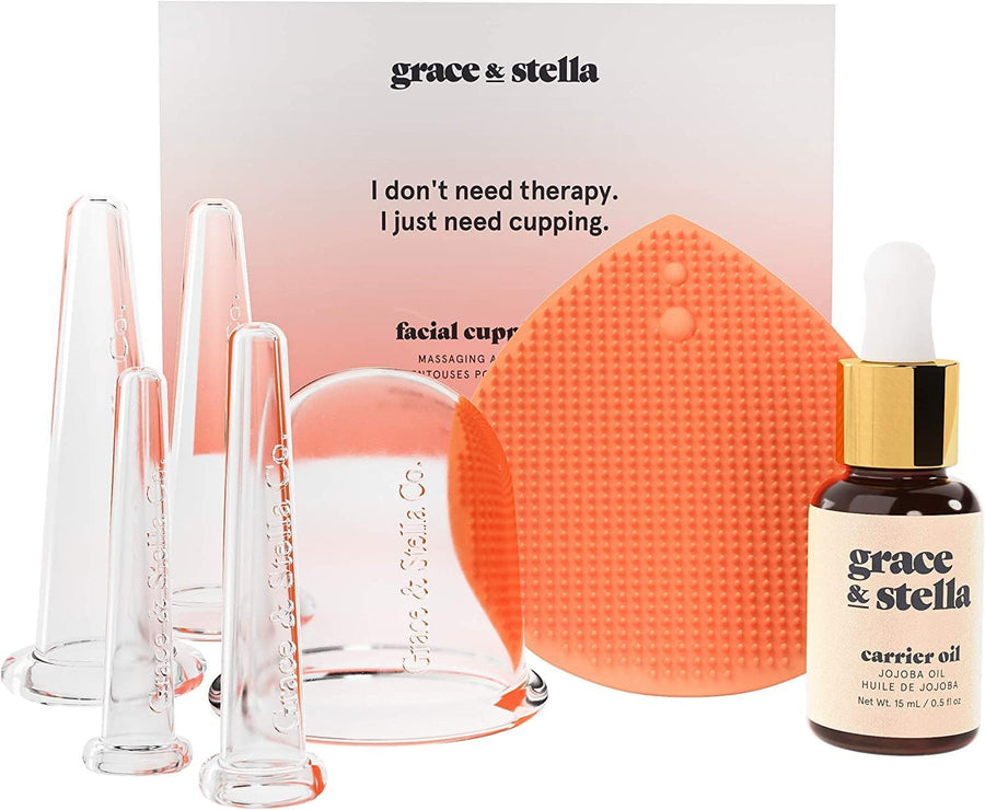 Facial Cupping (7-Pc Set) - Face Cupping Set - Facial Suction Cups With Jojoba Oil & Cleansing Brush To Reduce Appearance Of Fine Lines - Face Suction Cup Set For Lymphatic Drainage
