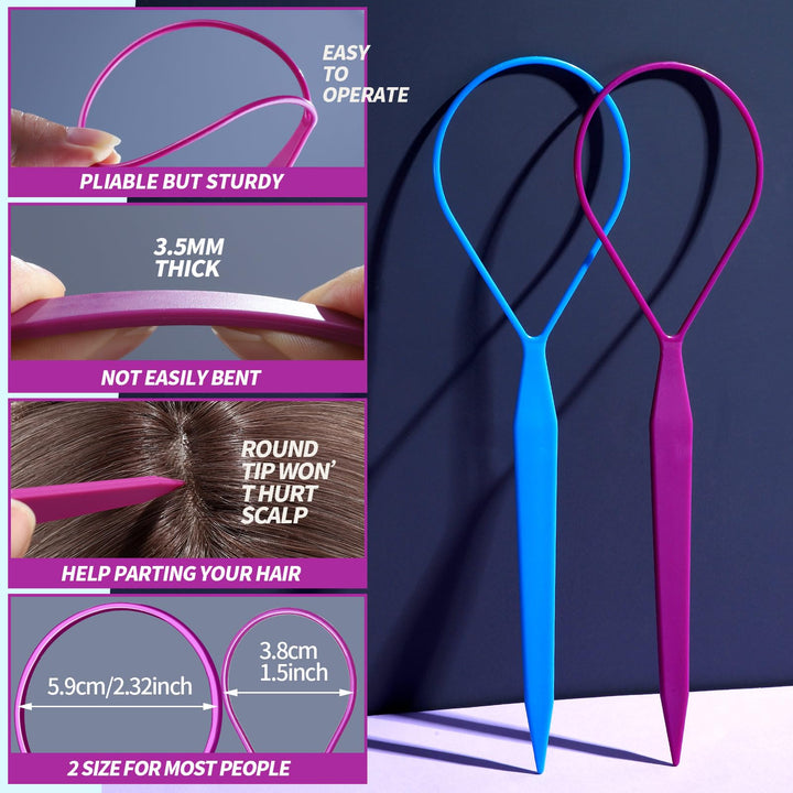 2 Pairs Topsy Hair Tail Tools, Hair Braid Accessories Ponytail Maker,French Braid Tool Loop for Hair Styling, 4pcs, 2 Colors