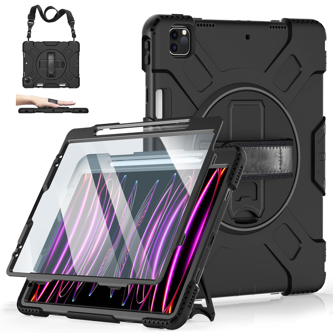 Case for iPad Pro 12.9 2022/2021/ 2020/2018: Military Grade Silicone Cover for iPad 12.9 6th/5th/4th/3rd Generation W/Screen Protector- Stand- Pencil Holder- Handle- Shoulder Strap- Black