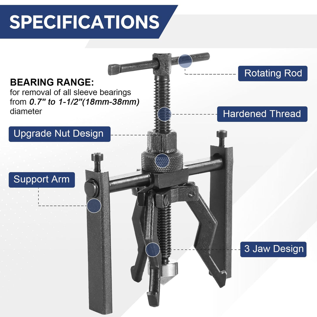 3 Jaw Inner Bearing Puller Set | Blind Bearing Puller Set Bushing Gear Extractor Wheel Bearing Puller Automotive Kit Heavy Duty 3 Jaw Pilot Bearing Puller for Motorcycle, Car, and SUV