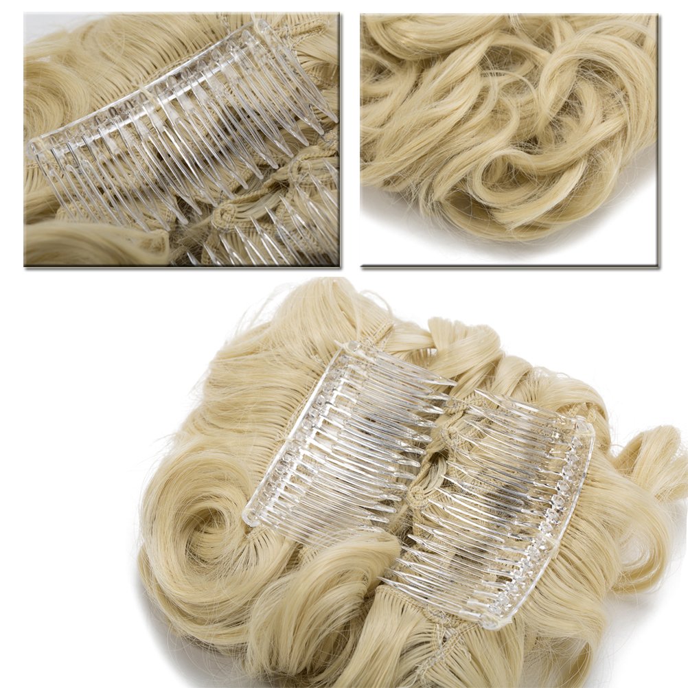 Messy Bun Hair Piece with Combs Clip in Bun Scrunchie Juva Bun Dish Fluffy Wavy Hair Updo Easy Stretch Big Chignon Short Ponytail Hairpiece for Women Bleach Blonde 90g
